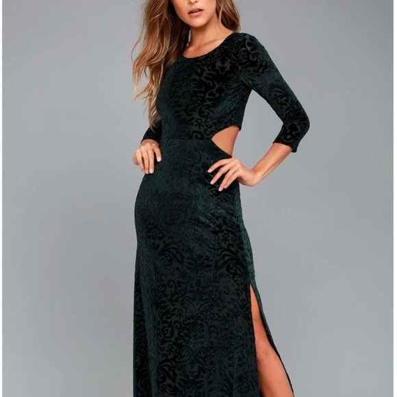 Perfect Night Forest Green Velvet Print Maxi Dress - Picture 3 of 5